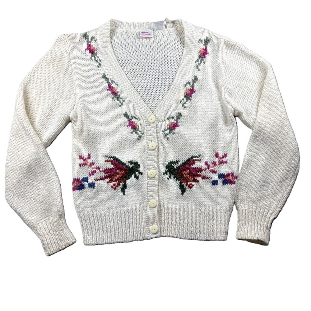 Avon Fashions Women Hand Knit Sweater Cardigan Vintage 80s Floral Small K161